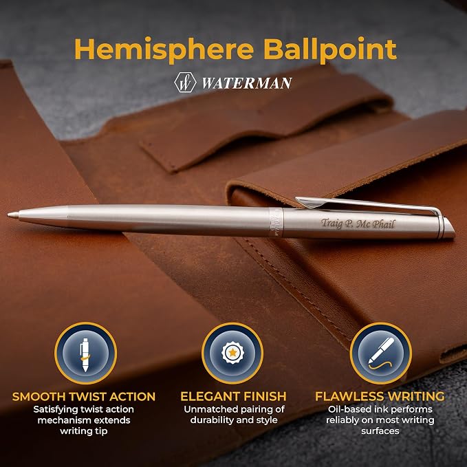 Waterman Hemisphere Engraved Ballpoint Pen, Brushed Stainless with Silver Trim, Mysterious Blue Ink, Tone-on-Tone Engraving, Personalized Gift for Executives, Retirement, Board Members