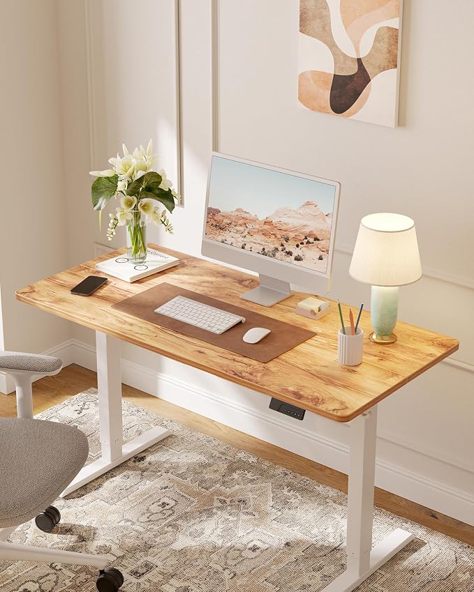 DESINO Standing Desk, 63 × 28 Inches Electric Height Adjustable, Sit and Stand Up, Computer Office Desk with Splice Board, White Frame/Light Rustic TOP