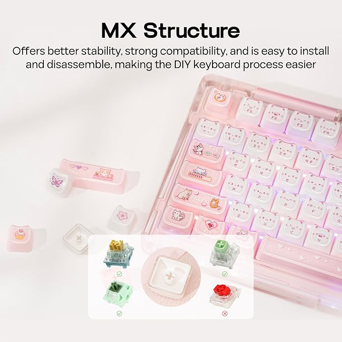 KiiBOOM Cute Cat Keycaps Set, Mao Profile, PBT/PC Keycap for MX Switches Mechanical Keyboard, Compatible with 60%, 65%, 75%, TKL, 96%, Full-Sized Layout (Mewsic)