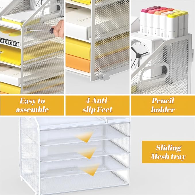 Letter Tray Paper, 5 Tier Desk Organizer with Pen Holder and Handle, Mesh File Organizer Paper Sorter Metal Desktop Document Shelf for Office Home Classroom - White