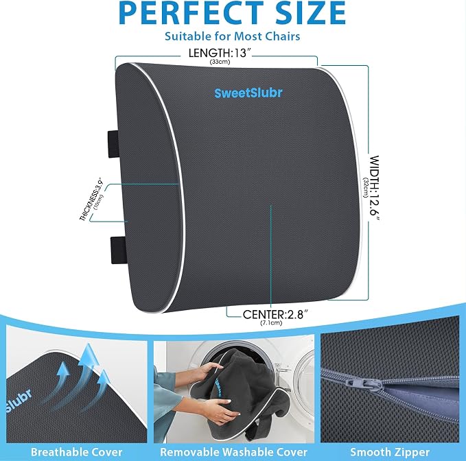 SweetSlubr Lumbar Support Pillow for Office Chair, Car Seats and Home Desks, Ergonomic Back Support with Double Adjustable Straps, Machine Washable Cover, Gray