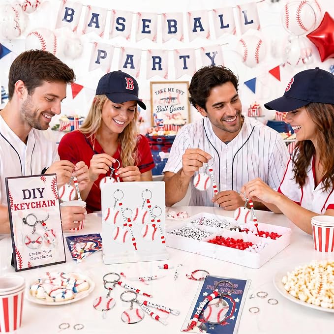 Suncalla 984 Pcs 24 Set Baseball Keychain Making Kit DIY Ball Bag Tag Baseball Party Favors Accessories Sport Key Chain Crafts Adjustable Name Beads Cards Strings Kit Senior Team Night Graduation Gift