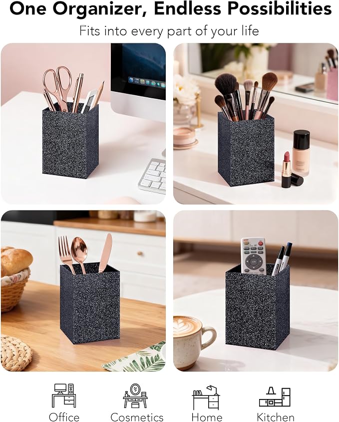 Acrylic Pen Holder Desk Organizer for Office, Black Glitter | Sparkling glitter acrylic makeup brush and pencil holder for desk, Modern desktop organizer for home, school and office