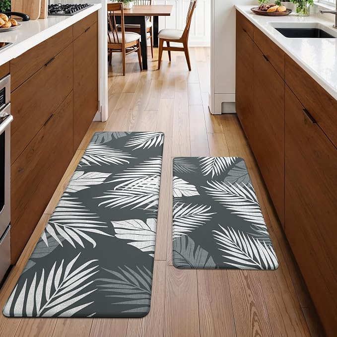 GENIMO Anti Fatigue Kitchen Mats for Floor 2PCS, Cushioned Standing Mats | 17.3"x59"&17.3"x30", Light Grey vintage floral rug set, waterproof, non slip, easy-clean for farmhouse