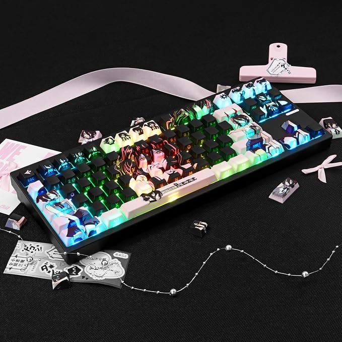 Purple Black Manga Japanese Theme Keycaps, PBT Keycaps 130 Keys Cherry Profile Dye - Sublimation Keycap Shine Through Custom Key Cap Set for Cherry Gateron MX Switches Mechanical Keyboard.