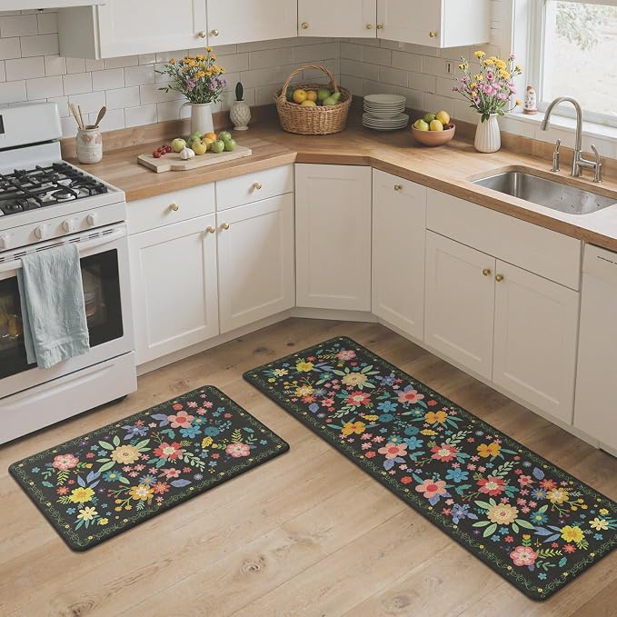 GENIMO Anti Fatigue Kitchen Mats for Floor 2PCS, Cushioned Standing Mats | 17.3"x59"&17.3"x30", Black vintage floral rug set, waterproof, non slip, easy-clean for farmhouse