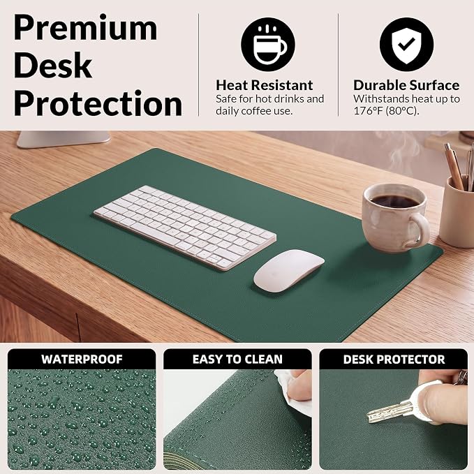 AFIING Cork Desk Mat, Dark Green, 35.4" x 17",Desk pad Protector | Dual-Sided Cork & PU Leather, Large Mouse Pad, Non-Slip & Waterproof