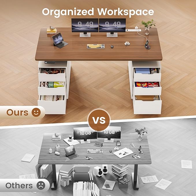 SEDETA Electric Standing Desk with 6 Drawers, 55" Adjustable Stand up Desk with Storage, Computer Desks with Power Outlets for Home Office, White