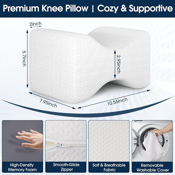 BlissTrends Memory Foam Knee Pillow, Knee Pillow for Side Sleepers, Leg Pillows for Sleeping Blood Circulation, Elevation Pillow for Spine Aligning, Sciatica, Back, Hip, Knee, Ankle Pain, White