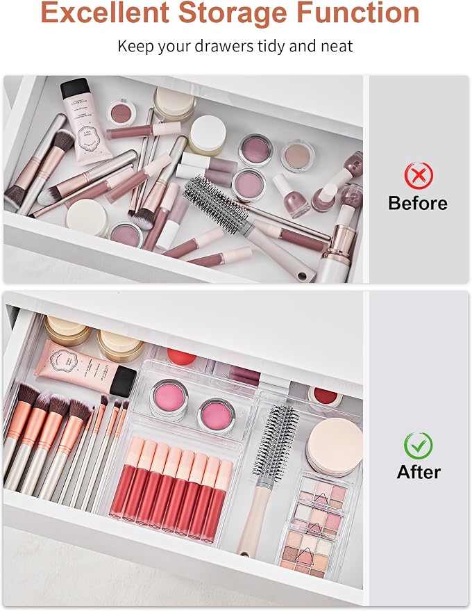 SMARTAKE 20-Piece Drawer Organizer with Non-Slip Silicone Pads, 7-Size | Desk Drawer Organizer Trays Storage Tray for Makeup, Jewelries, Utensils in Bedroom Dresser, Office and Kitchen (Clear)