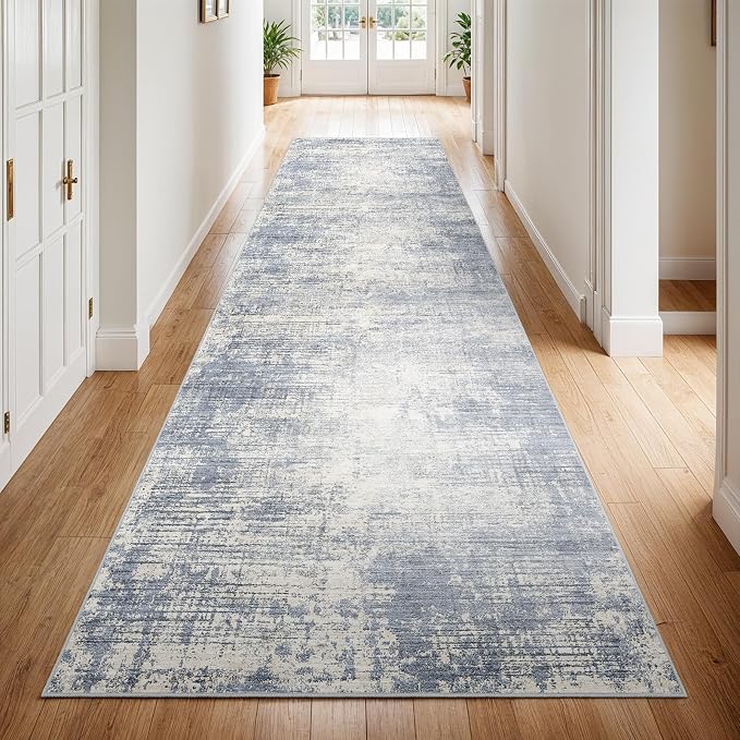 3x10 Hallway Washable Runner Rug - Non-Slip Kitchen Rugs with Rubber Backing Abstract Neutral Low-Pile Carpet Runners for Laundry Room Home Decor Bedroom Bathroom Entryway (Blue Gray,3x10)