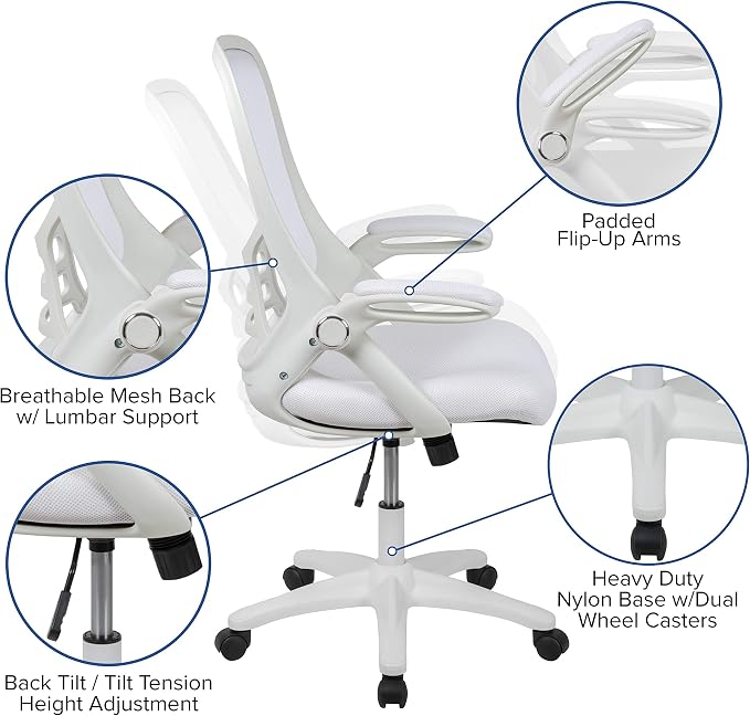 Flash Furniture Porter High-Back Swivel Office Chair with Adjustable Lumbar Support and Height, Ergonomic Mesh Desk Chair with Flip-Up Armrests, White