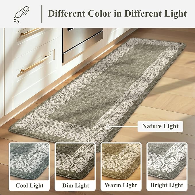 LEEVAN Anti Fatigue Kitchen Mats for Floor, Cushioned Kitchen Mat Set 2PCS | 17.3"x29"+17.3"x47", Boho Floral Green Kitchen Rugs Non-Slip, Waterproof Ergonomic Standing Mats for Laundry, Office & Sink