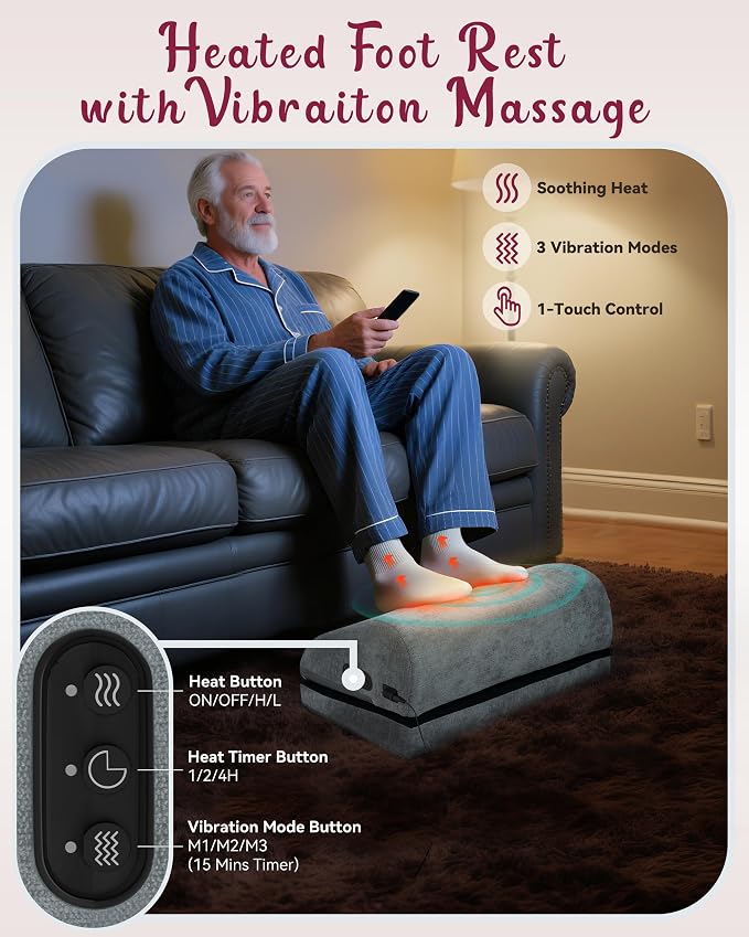 Heated Foot Rest for Under Desk at Work, Gifts | Ergonomic Memory Foam, Feet Warmer Heater, Foot Stool with Vibration Massage & 2 Heat Levels