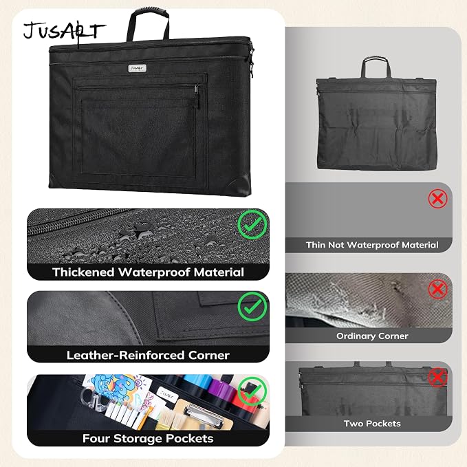JusArt Art Portfolio Bag, 24x36 Foldable Light Weight Portfolio Folder Case with Adjustable Shoulder Strap, Leather Corners, Waterproof Art Bag for Artists and Adults for Artwork, Poster, Sketching