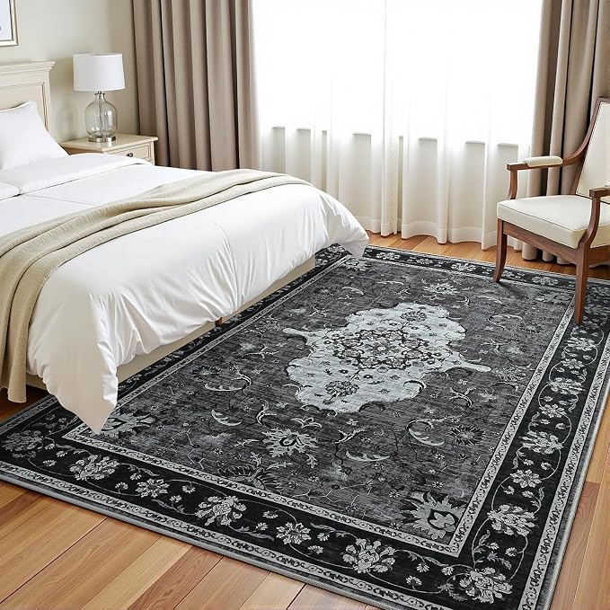 5x7 Area Rugs, Washable Rug for Living Room, Non-Slip Carpet, Dining Room Carpets for Bedroom Entryway, Vintage Floral Medallion, Low Pile, Soft Mat Black/Grey