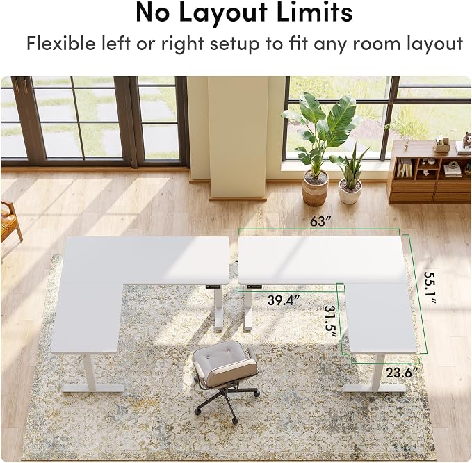 FEZIBO 63" x 55" L-Shaped Standing Desk - Adjustable Corner Desk L Shape, L-Shaped Adjustable Desk with Splice Board, L Shape Standing Desk, White