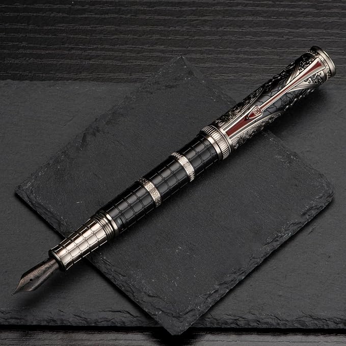HONG DIAN D5 Qin Dynasty Fountain Pen Black Silver, Fine Nib Piston Filling Pen, Retro Chinese Totem Engraving Smooth Writing Pen with Pen Box Set