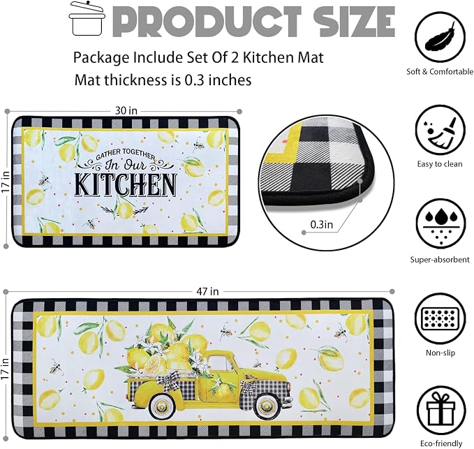 Voanos Lemon Kitchen Rugs,Non Skid Washable Microfiber mats for Kitchen Floor, Lemon Truck Theme Kitchen Cushioned Runner Rug Decor Sets of 2 Pieces,17"x 47"+17"x 30"