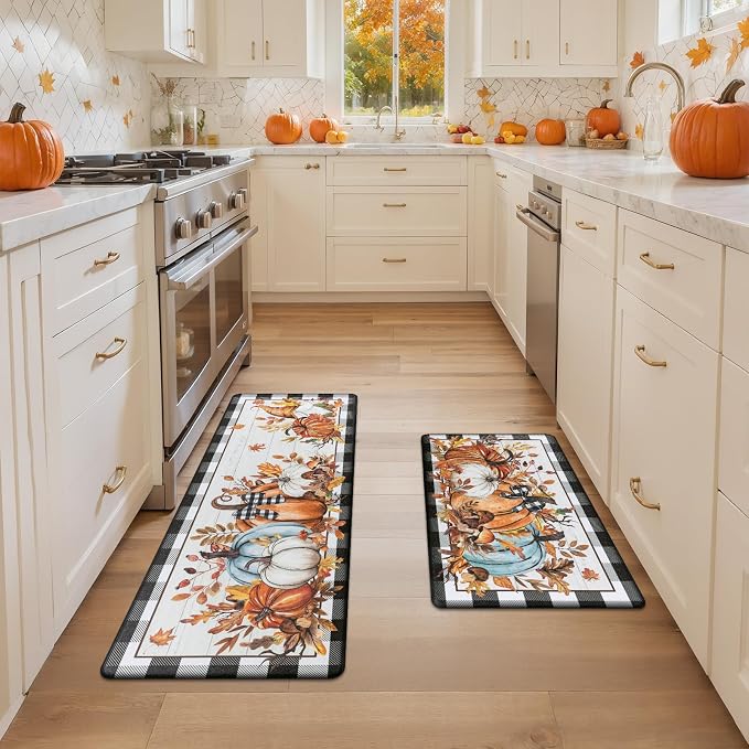 SHACOS Fall Anti Fatigue Kitchen Mats Pumpkins Gnome 17x27.5+17x47 | Orange Maple Black White Checkered Autumn Harvest Cushioned Kitchen Rugs Sets of 2 Non Slip Kitchen Floor Mat