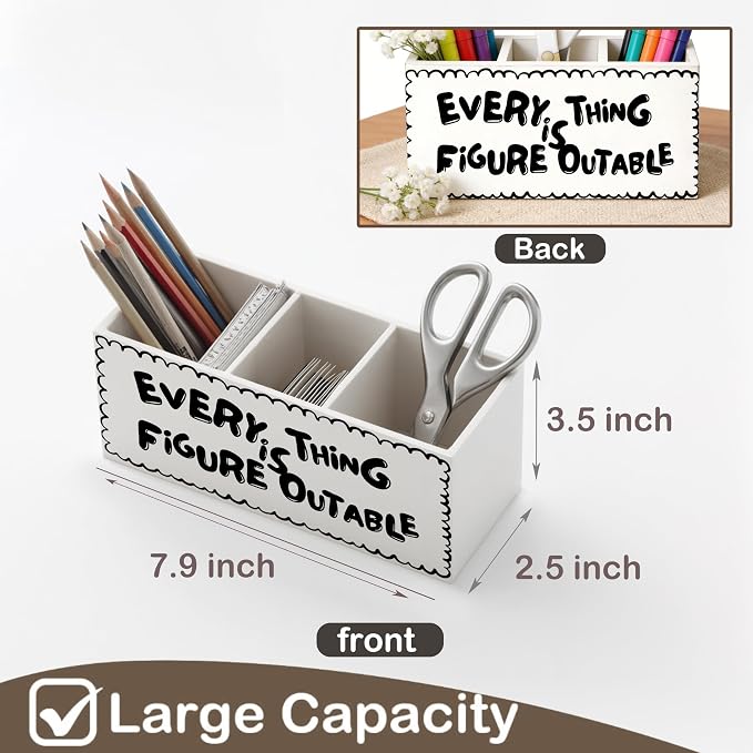 Black and White Inspirational Wooden Pen Holder for Desk, Positive Affirmations Desk Decor, Retro Trendy Motivational Pencil Organizer Wooden Box Sign for Home Office Decoration