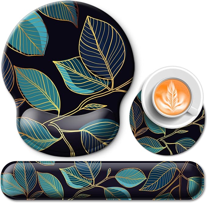 Mouse Pad and Keyboard Wrist Rest Support, with Non-Slip PU Base,Gel Mouse Pad with Coaster,Pain Relief for Gaming, Computer,Office -Golden Leaves