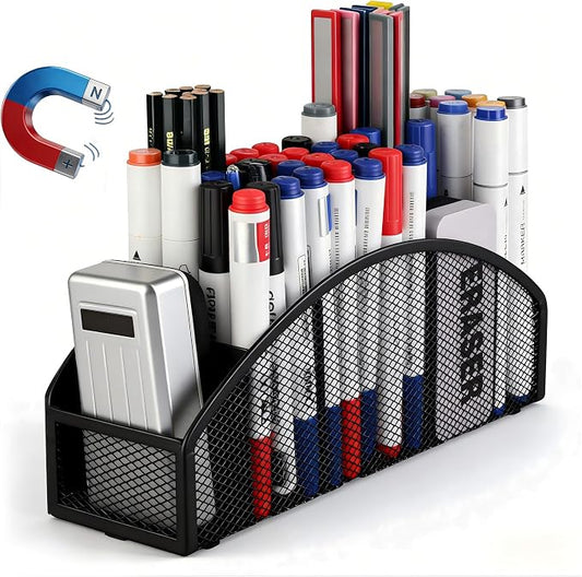 Magnetic Dry Erase Marker Holder for Whiteboard, 5 Slots Metal Pen Holder with Strong Magnets, 10inch Large Capacity Storage Basket Organizer for Office, School and Home (Black)