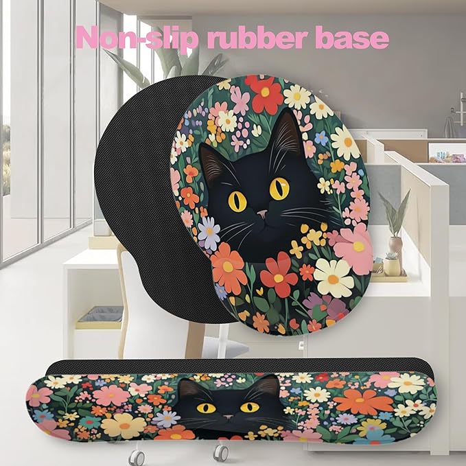 Cute Black Cat Flower Mouse Pad with Wrist Rest Set, 3-in-1 Wrist Support Mousepad Set, Gaming Mat Pad with Anti-Skid Base,Ergonomic Memory Foam Mouse Pad Set for Women, Office, Typing, Gaming