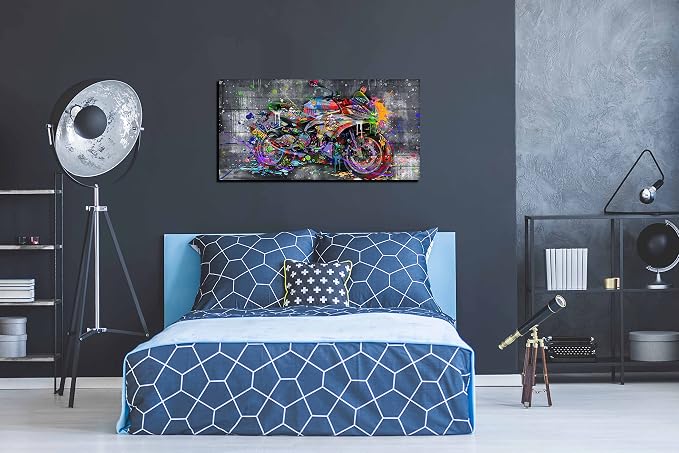 SIXTTART Graffiti Motorcycles Wall-Art - Wall Decor For Bedroom Men - Room Decor For Teens Ready To Hang Size 40" x 20"
