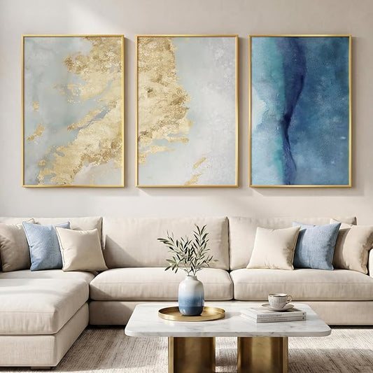 Large Framed Abstract Wall Art for Living Room, Luxury Modern 3 Piece Blue and Gold Prints Paintings Artwork for Walls, Contemporary Elegant Pictures Wall Decor for Dining Room Bedroom Office 24x36 In