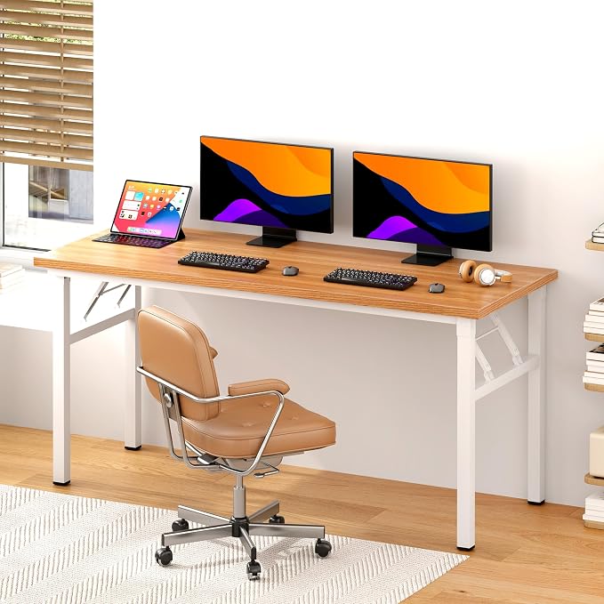 sogesfurniture Foldable Computer Desk 62 inches, Modern Large Folding Sturdy Laptop Workstation for Home Office, No Assembly Portable Study Table Writing Gaming Desk for Small Spaces, Teak White