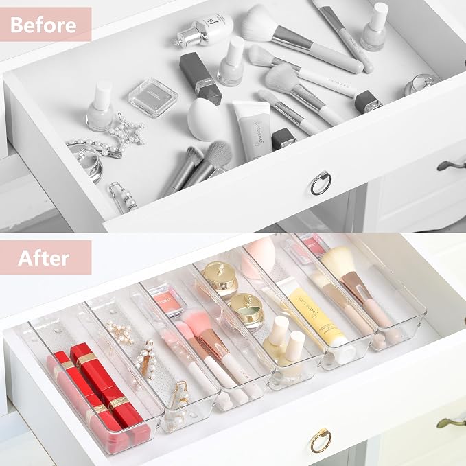 6 Set Clear Plastic Junk Drawer Organizer Vanity Curlery Utensil Makeups Organizer for Kitchen 9''X 3''
