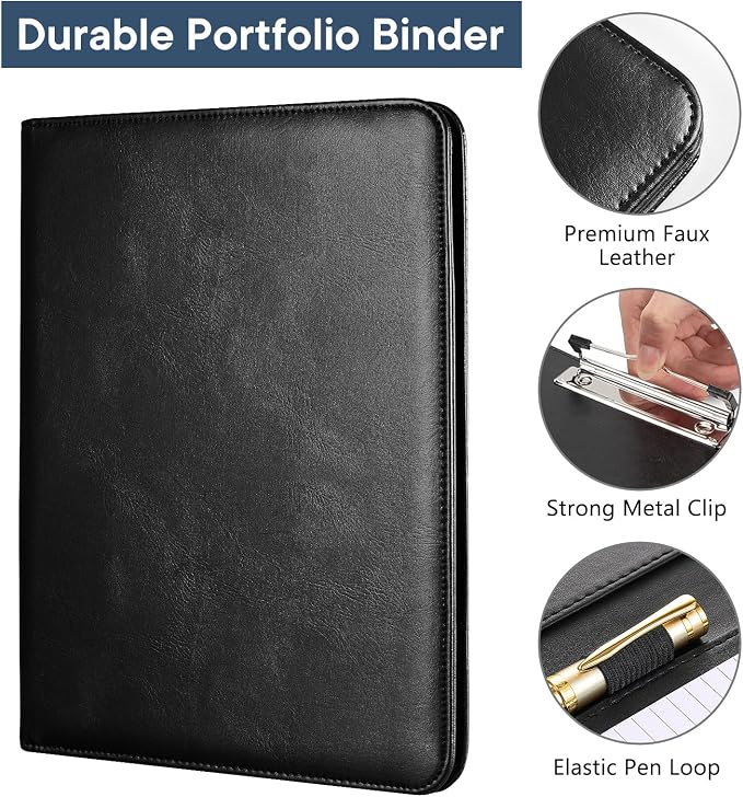Professional Padfolio with Clipboard, Portfolio Folder Binder, 8.5 x 11 Legal Pad Holder for A4 Letter Size Notepad, Resume, Writing Pad Ideal Organizer for Business Office Conference (Black, 4-Pack)