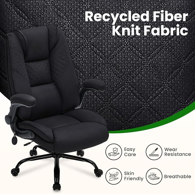 CIOMAN 500lbs Big and Tall Office Chair with Inflatable Lumbar Support, Rubber Wheels Executive Chair with Rocking Function, High Back Wide Cushion Ergonomic Desk Chair for All-Day Sitting,Matte Black