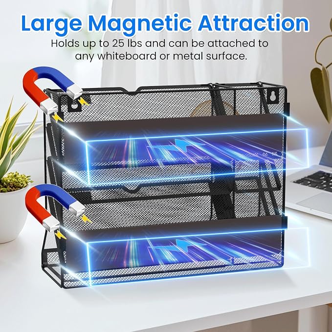 Magnetic File Holder, Magnetic File Organizer, 5-Tier Wall Organizer for Office with 4 Pen Slots, Vertical Hanging File Folder Holder with R-shaped Bottom Tray, Organization for Workspace