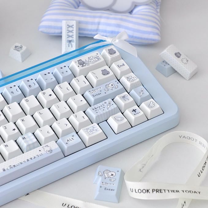 Cute Rabbit Theme Keycaps 140 Keys, PBT Key Cap Set Dye Sublimation, Cherry Profile Blue Keyboard Keycap, Custom Keycaps for Cherry MX Switches Mechanical Gaming Keyboard 60% 75% 100%