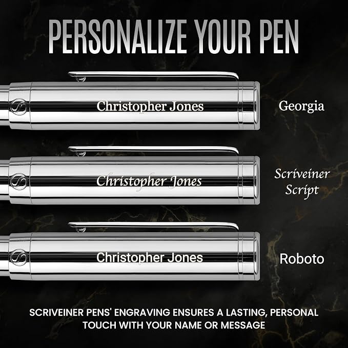 Scriveiner Personalized Silver Chrome Rollerball, Award Winning EDC Pen, Heavy Pocket Pen with Chrome Finish, Best Engraved Roller Ball Gift Set for Men & Women, Custom Name Engraving