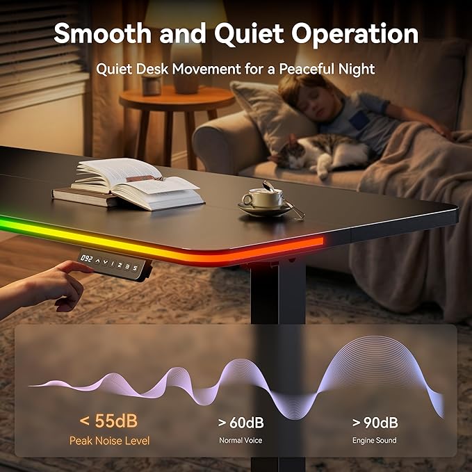 Electric Standing Desk, 48x24" Adjustable Height Computer Desk, with 3 Memory Presets, RGB Lights, Overheating&Overvoltage Protection, for Home Work, Study and Gaming, Small Spaces, Modern Furniture