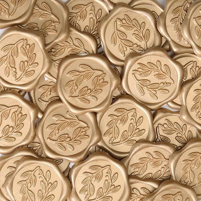 UNIQOOO Wax Seal Stickers - Olive Branch Wedding Invitation Envelope Seal Stickers, 50 Pcs Self- Adhesive Prosecco Metallic Light Gold Stickers, Perfect for Invitation, Christmas, Gift Wrapping