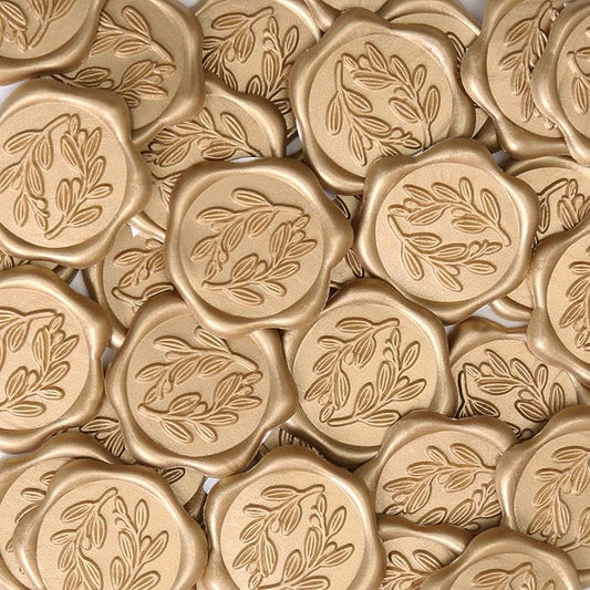 UNIQOOO Wax Seal Stickers - Olive Branch Wedding Invitation Envelope Seal Stickers, 50 Pcs Self- Adhesive Prosecco Metallic Light Gold Stickers, Perfect for Invitation, Christmas, Gift Wrapping