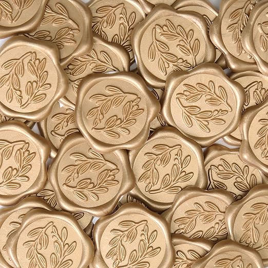 UNIQOOO Wax Seal Stickers - Olive Branch Wedding Invitation Envelope Seal Stickers, 50 Pcs Self- Adhesive Prosecco Metallic Light Gold Stickers, Perfect for Invitation, Christmas, Gift Wrapping