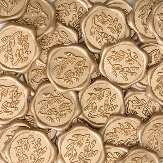 UNIQOOO Wax Seal Stickers - Olive Branch Wedding Invitation Envelope Seal Stickers, 100 Pcs Self- Adhesive Prosecco Metallic Lignt Gold Sticker, Perfect for Invitation, Christmas, Gift Wrapping