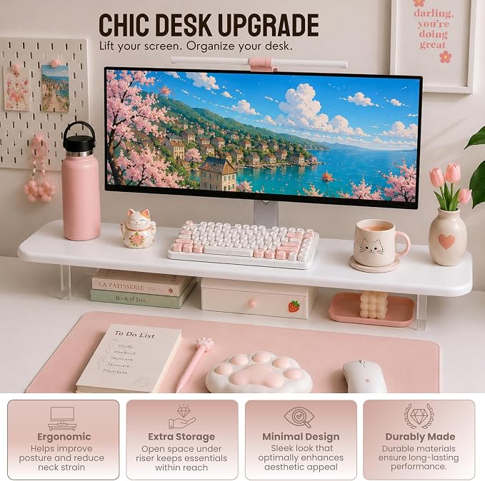 Bamboo Monitor Riser, Wide Desktop Monitor Stand for Desk with Clear Acrylic Legs, 31.5 x 8 inch Bamboo Wood Shelf, Fit Keyboard, Home Office Workspace Accessories, Study Stationaries Storage (White)