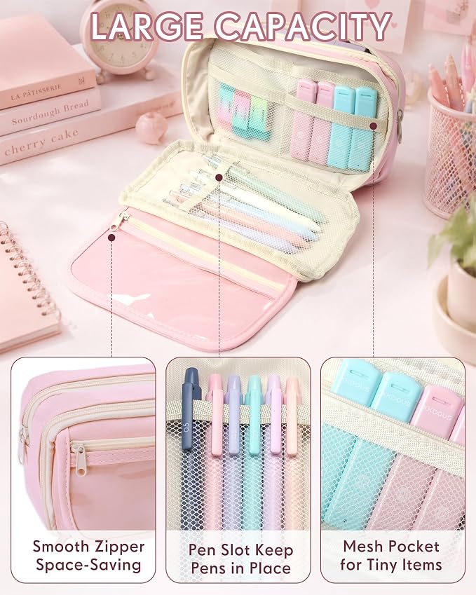 XKDOUS Preppy School Supplies Kit with Large Capacity Pen Case, 6 Mechanical Pencils 0.5mm & 0.7mm with 240 Lead Refills, 6 Pastel Highlighters, 5 Gel Pens for Stationary College Essentials Gifts