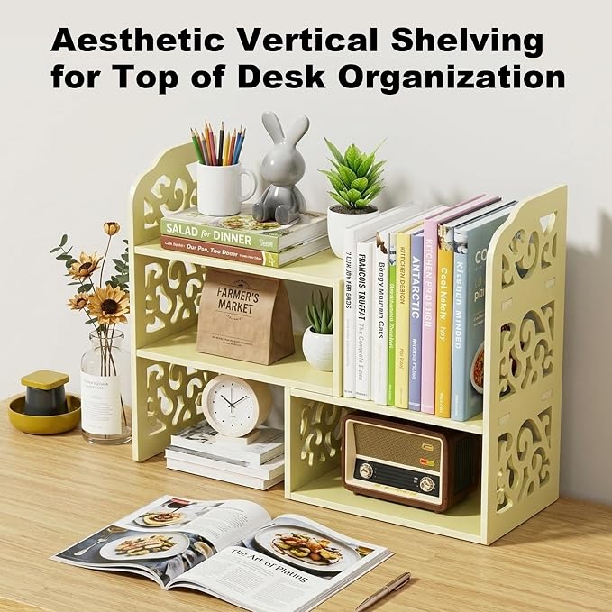 YGYQZ Adjustable Desktop Shelf Organizer, 3-Tier Expandable Desk Shelf, Beige Pattern
