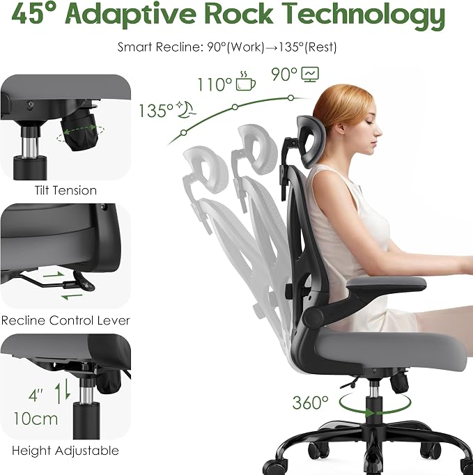 Office Chair Ergonomic Desk Chair - Mesh High Back Office Chair with Headrests Wheels Lumbar Support Home Desk Office Chairs Flip up Armrest Executive Rolling Computer Chair Black Gray 4 Pack
