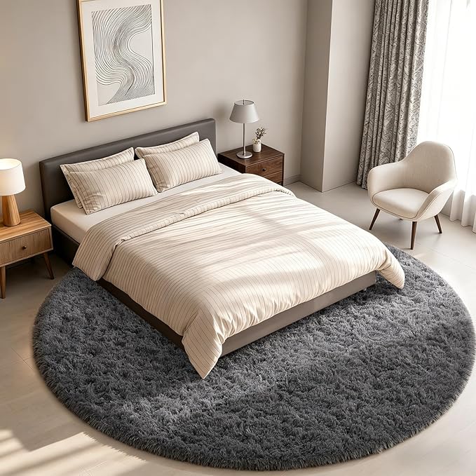 Ophanie Round Rug 8Ft Grey Circle Area Rugs,Large Fluffy Fuzzy Living Room Carpet 8 feet,Plush Shag Solid Indoor Floor Gray Bedroom Circular Decor for Kids Teen Boys Baby,with Over 99 pcs Pile fibers
