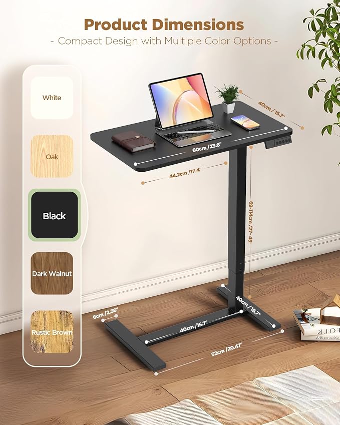 24"x 16" Electric Overbed Table, Rolling Laptop Desk for Bed, Black | Height Adjustable Bedside Desk with Hidden Wheels, Mobile Standing Desk for Sofa, Home Office & Hospital Use