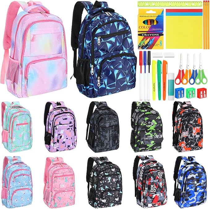 Maitys 12 Pack 17'' Bulk Backpacks with Supplies Kit, Bookbags for Donation Charities (Printed Color,Graffiti)
