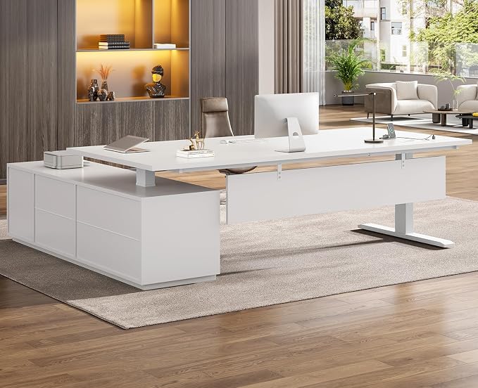 SEDETA Executive L Shaped Electric Standing Desk, 71" Height Adjustable Executive Desk with 3 Drawers and Cabinet, Sit Stand Up Home Office Desk with Power Outlets & Side Hook (White)